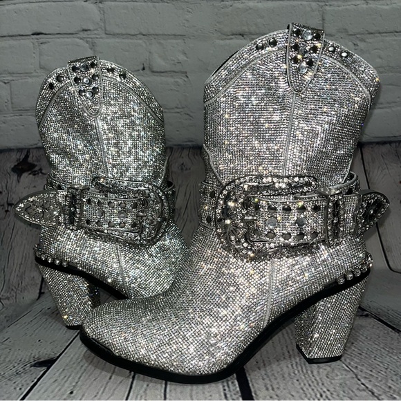 Club Exx Dolls Kill Icy Sheriff Shine Rhinestone Embellished Cowboy Boots - Picture 4 of 17